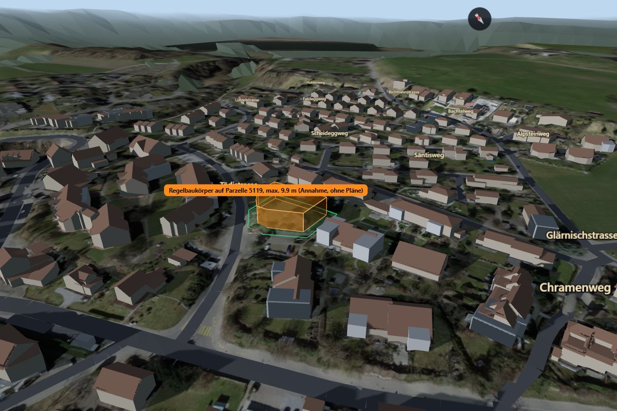 3D-Ansicht eines Quartiers mit dem orangen Regelbaukörper auf der Bauparzelle und seinem Schatten am 21. Dezember um 14 Uhr