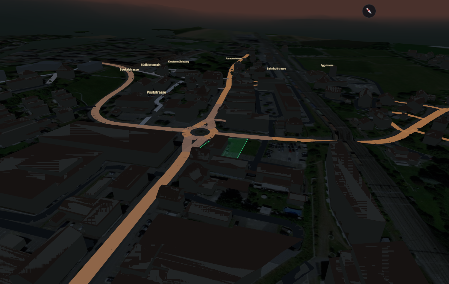 3D-Ansicht am Abend mit Verkehrs-Einfärbung nach Tageszeit