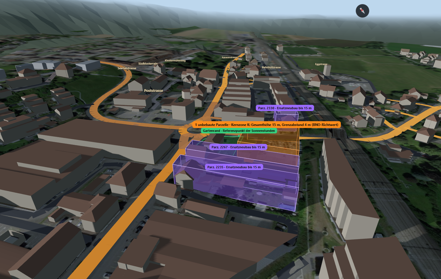 Szenario: maximal erlaubter Neubau (orange), Ersatzneubauten (violett), Schattenwurf und Verkehrslayer